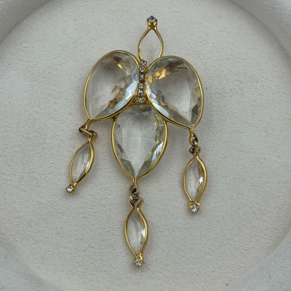 Vintage 1970s Goldtone Clear Crystal Chandelier Brooch Pin Statement